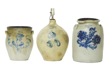 Three American salt-glazed stoneware vessels, two crocks and one jug mounted as table lamp, details