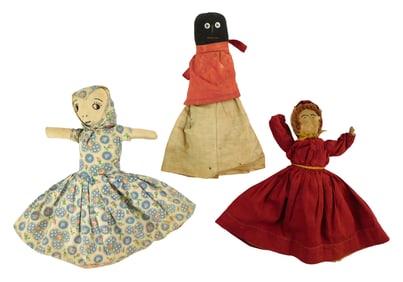 FOLK ART: Two cloth topsy turvy dolls and one sock doll, American, 19th C., all with African