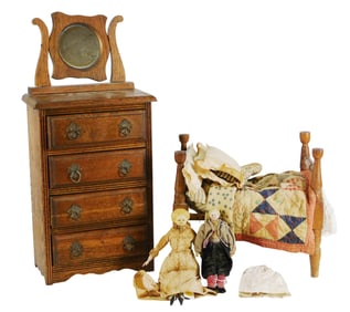 Two early dolls with furniture and accessories, 19th C., including: two China head dolls, cloth