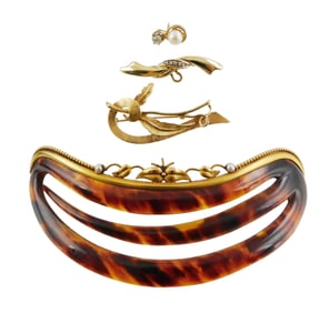 JEWELRY: Four pieces in 14k gold, including a diamond and pearl tie tack, two stylized ribbon pins,