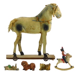 TOYS: One horse pull toy and four painted metals figurines, including: wooden horse pull toy,