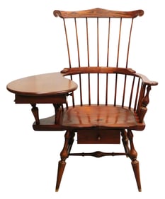 D.R. Dimes 'Philadelphia Writing Arm Windsor Chair', 20th C., bench-made, scrolled ears, spindle
