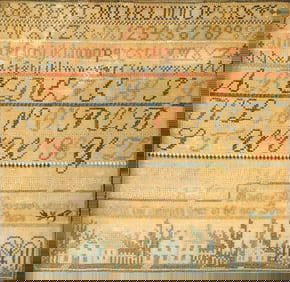 SAMPLER: Needlework by Adeline W. Barrows, 1834, American, silk on linen, upper half with seven rows