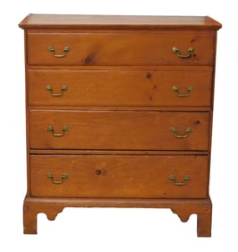 Blanket chest, American, 18th C., pine, two faux over two drawer with thumbnail edges, bail brasses,