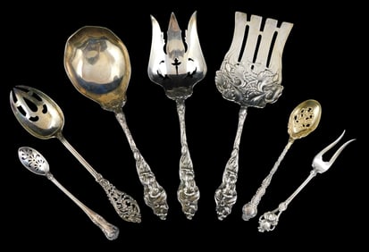 STERLING: Seven ornate flatware serving pieces, one plated, the others marked sterling, including: a
