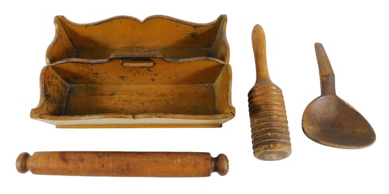 Four treenware kitchen items, including: knife tray, American, 19th C., nailed construction, cyma