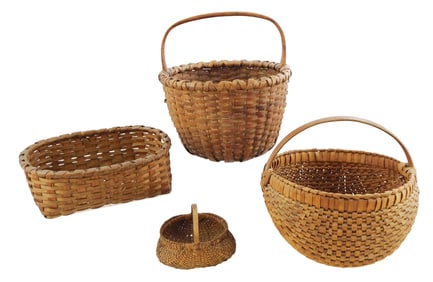Four splint baskets, including: Two splint buttock baskets, one small and one large, both with