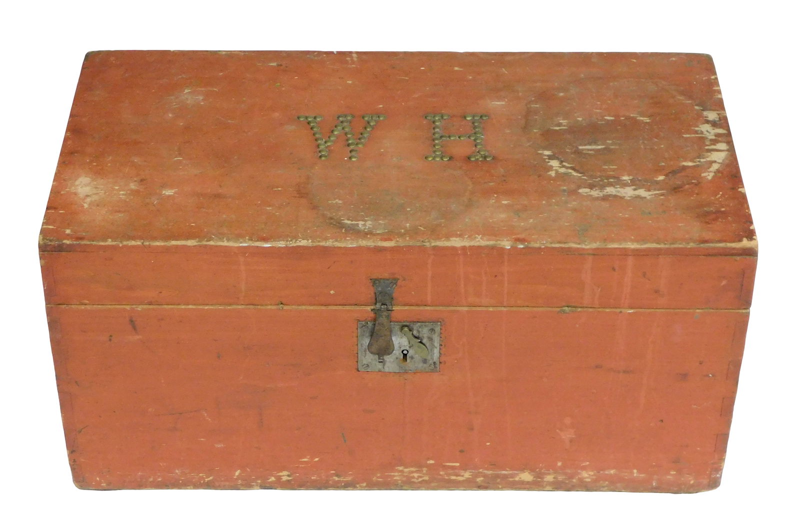 Storage box, American, 19th C, “WH?? decorative nails in top, dovetailed construction, likely (1 of 5)