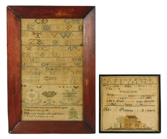 SAMPLERS: Two schoolgirl samplers, both framed behind glass, including: one by Sally Skinner, aged