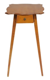 Single drawer stand, 20th C., bench made in maple and curly maple, shaped edge square top, square