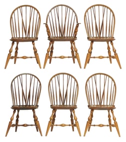 Six Warren Chair Works brace-back Windsor chairs, 20th C., bench-made in Warren, RI, one armchair