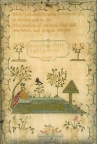SAMPLER: Needlework by Hannah Thain, age 9, American, dated 1800, cross-stitched verse in upper