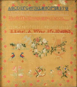 SAMPLER: Needlework sampler by Rachel A. Wirts, age 10, 1850, wool on linen, upper half with five