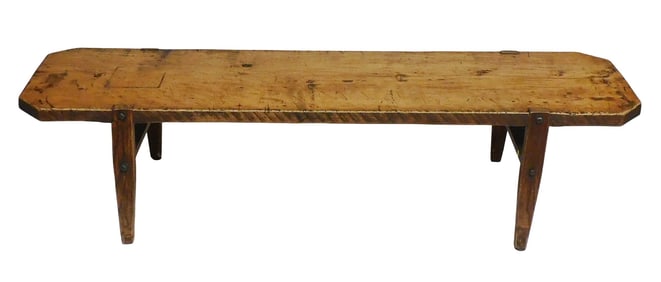 Hardwood bench, 20th C., joined by bolts with washers, oblong top with cut corners, past distress,
