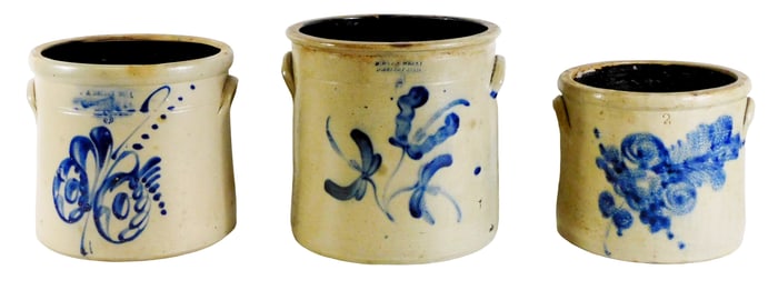Three straight-side salt glazed stoneware crocks, each with cobalt decoration and lug handles,,