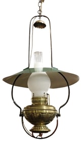19th C. Hanging kerosene pendant lamp, late 19th/ early 20th C., later electrification, brass frame