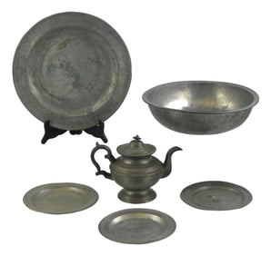 Six pieces of pewter, including: teapot with hinged lid, stamped on base with "no 5", maker's mark