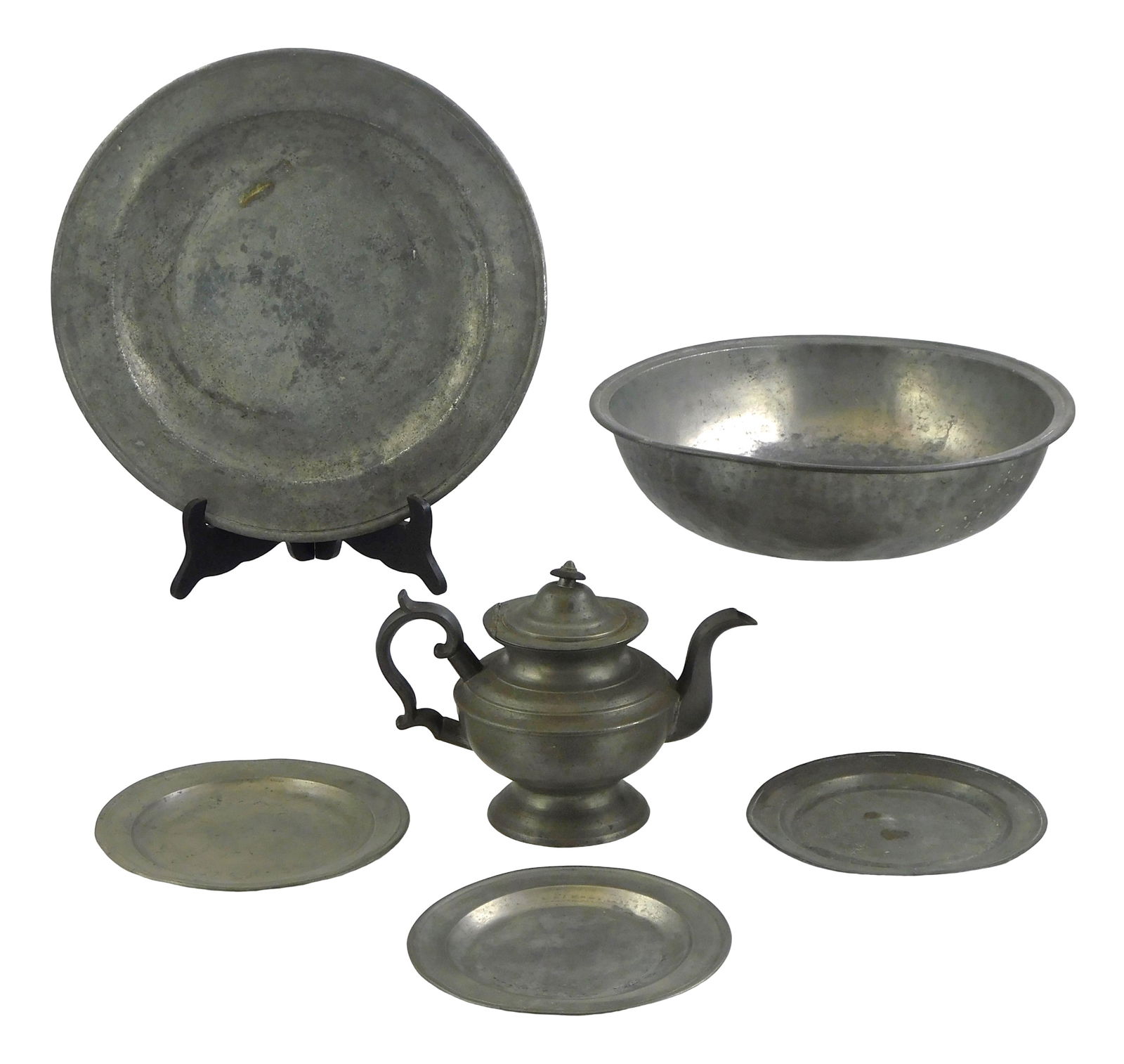 Six pieces of pewter, including: teapot with hinged lid, stamped on base with "no 5", maker's mark (1 of 8)
