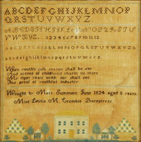SAMPLER: 1824 Needlework sampler by Mary Summers, aged 8 years, American, likely New England,