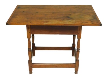 Tavern Table, American, various dates, breadboard top over single drawer with wood knob, tapered and