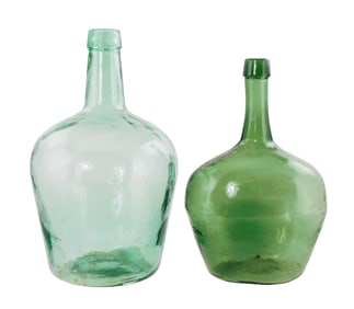 GLASS: Two early glass demijohn bottles, molded glass, one green and one in aqua, each with single