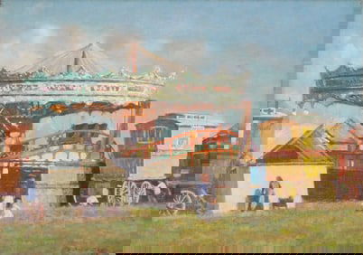 Abbey Altson (English, 1866-1949), oil on canvas, depicts fair scene with carousel at center flanked