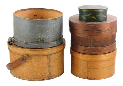 Five pantry boxes, including: one small Victorian painted oval box, green box with yellow and black