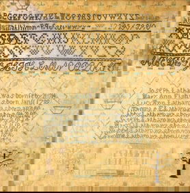 SAMPLER: New England needlework family record sampler by Abby Latham, early 19th C., silk on linen,