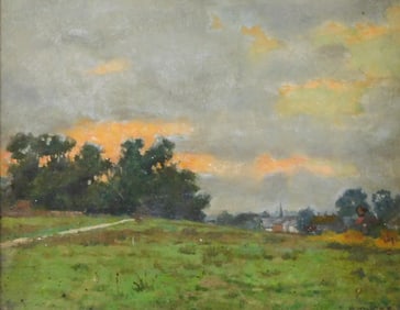 Abbey Altson (English, 1866-1949), oil on board, sunset peeks through thick grey clouds above
