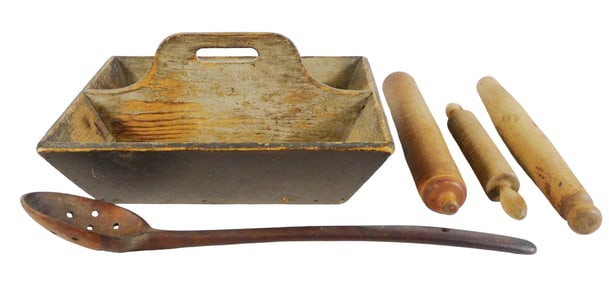 Knife box with treen pierced spoon and three assorted rolling pins, details include: knife tray,