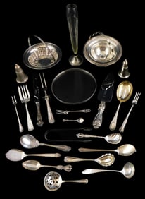 STERLING: Assorted serving pieces, holloware, and flatware, many marked sterling, some weighted,