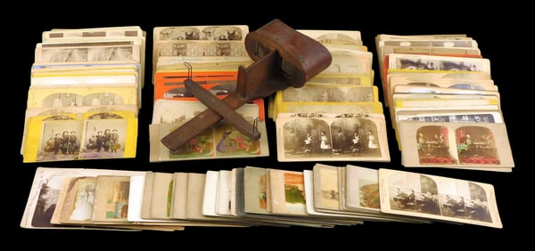 Stereograph with 120+ views, wooden stereo viewer with sliding mechanism, variety of stereo view