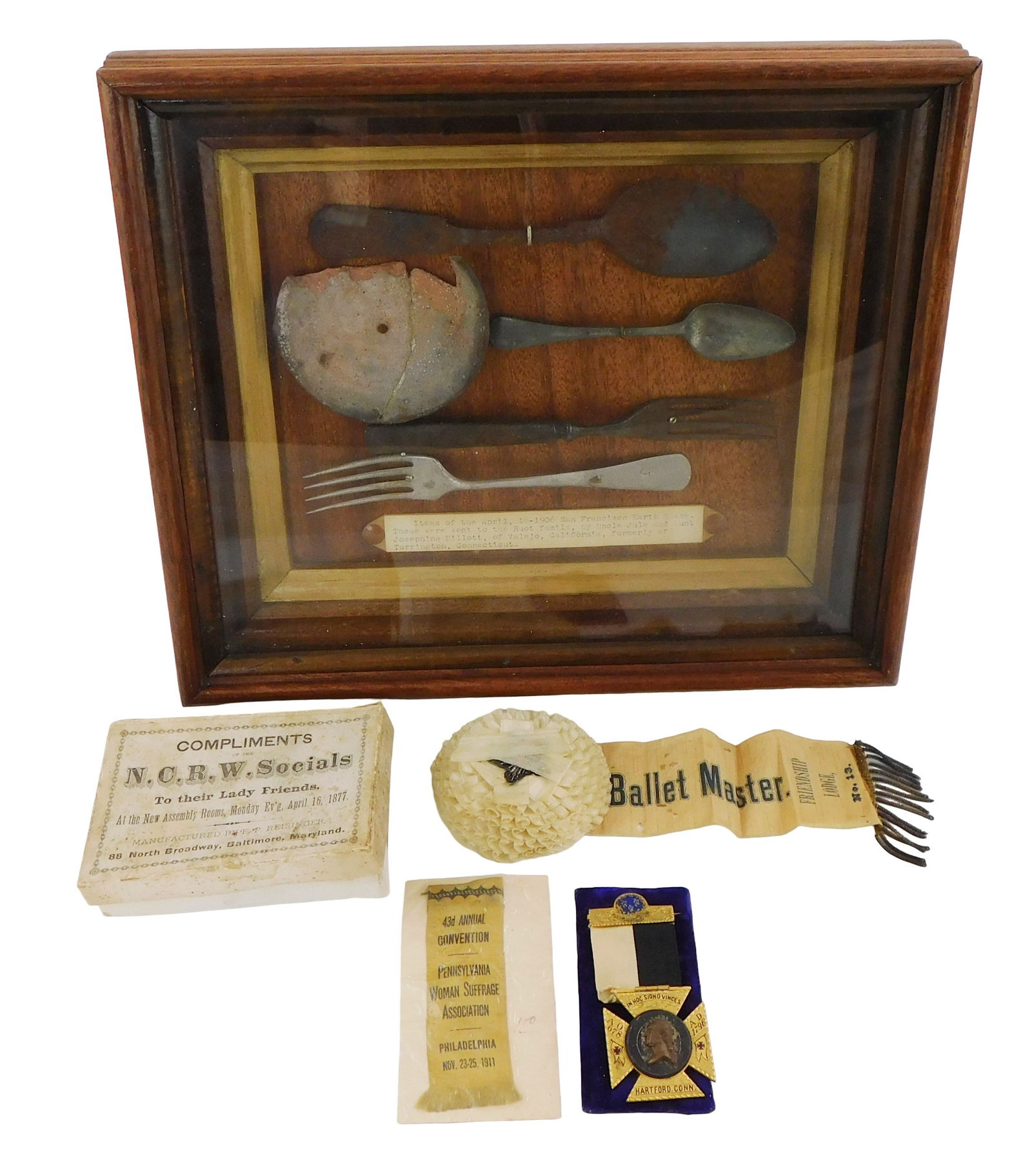 Three early ribbons and badges, suffrage, etc., and San Francisco earthquake display, including: (1 of 4)