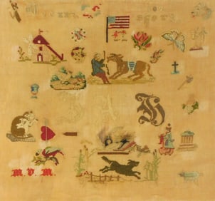 SAMPLER: Pictorial needlework "We's Free", American, mid to late 19th C., silk and wool on linen,