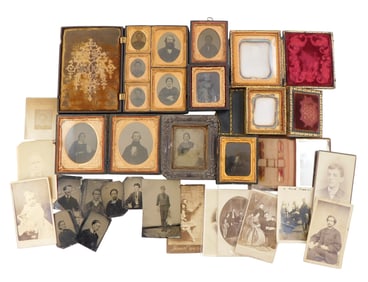 EARLY PHOTOGRAPHY: 25+ pieces, including daguerreotypes, ambrotypes, tintypes, and carte de visite