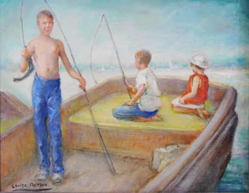 Louise Altson (American, 1910-2010), oil on canvas, fishing scene featuring artist’s three