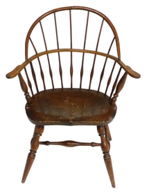 Windsor sack back armchair, American, 19th C., pine, ash, maple, seven spindle back, shaped seat