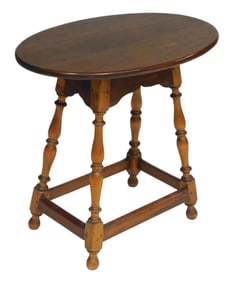Tavern Table, American, various dates, oval pine top, on cyma shaped apron above maple vase and ring