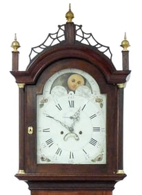 CLOCK: Tall case clock, likely New Hampshire, c.1800, eight day time and strike in mahogany case,
