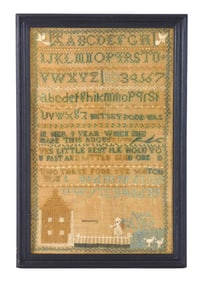 SAMPLER: 18th C. New England needlework schoolgirl sampler by Betsey Dodd, age 9, American, likely