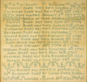 SAMPLER: 1826 Needlework registry of Dodd Family, Litchfield, Connecticut, silk on linen,