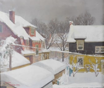 Louise Altson (American, 1910-2010), oil on canvas, snowy winter scene depicts view of neighborhood
