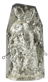 CHOCOLATE MOLD: Large standing rabbit figure holding bunch of carrots with young, late 19th/early