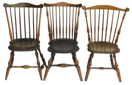 Three similar Windsor fan back chairs, American, 19th C., one stamped E.B. Tracy, ash, hickory,
