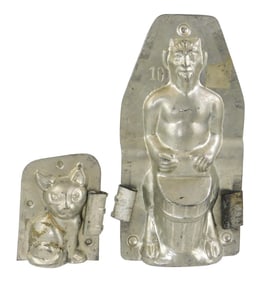 CHOCOLATE MOLD: Two Halloween molds: "Krampus with Basket", c. 1930, stamped "10" at top, depicts