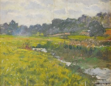 Abbey Altson (English, 1866-1949), oil on canvas laid on board, countryside landscape with pond and