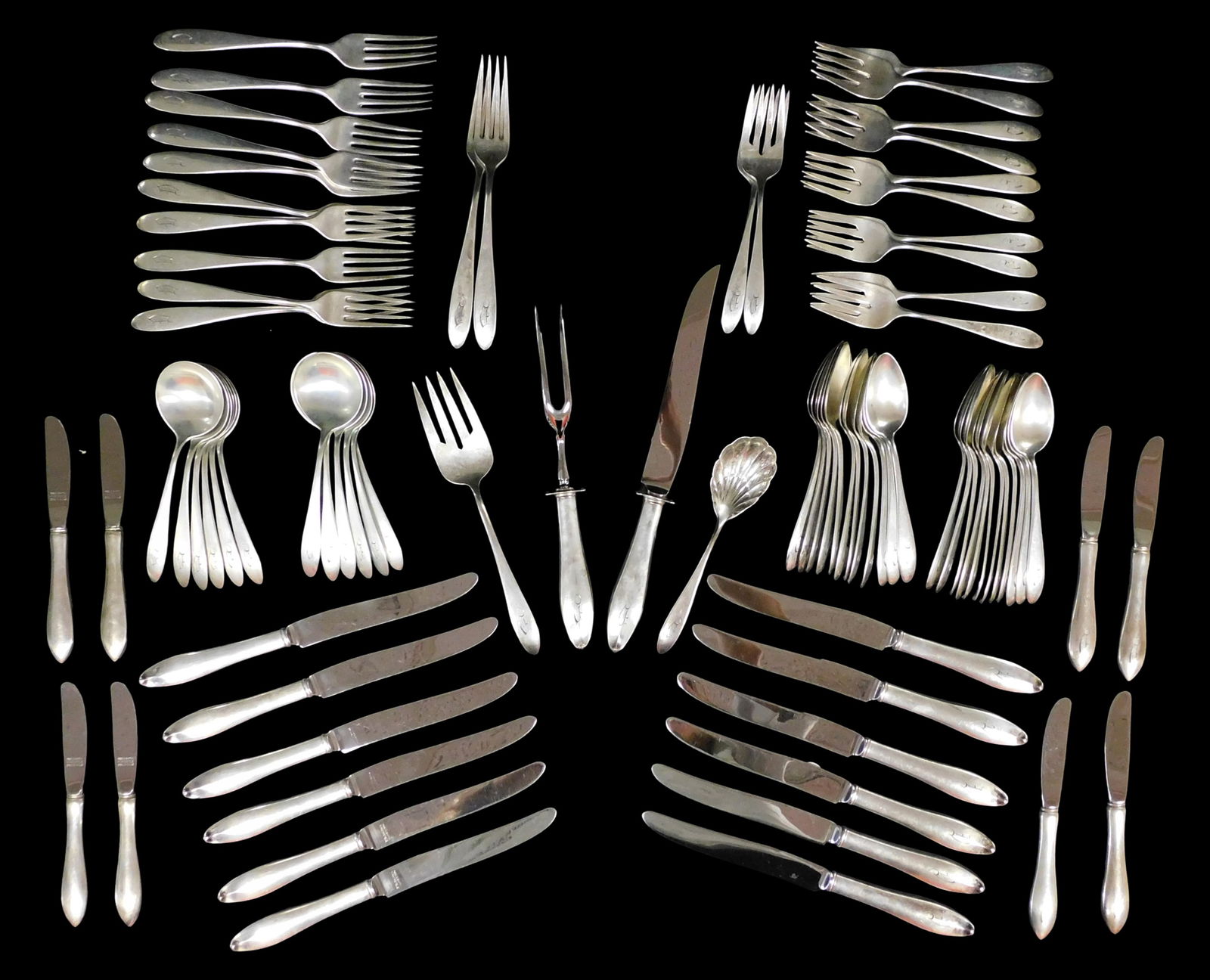 STERLING: Reed & Barton "French Antique" sterling flatware, eighty-four pieces, all monogrammed "D",: STERLING: Reed & Barton "French Antique" sterling flatware, eighty-four pieces, all monogrammed "D", including: twelve forks, 7 1/4" l.; twelve salad forks 6 1/4" l.; twelve round soup spoons, 5 3/4"
