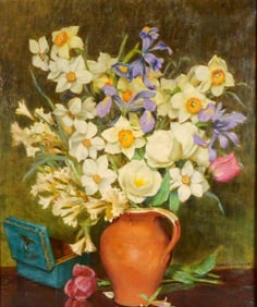Abbey Altson (English, 1866-1949), oil on canvas, dewy still life floral arrangement in earthenware