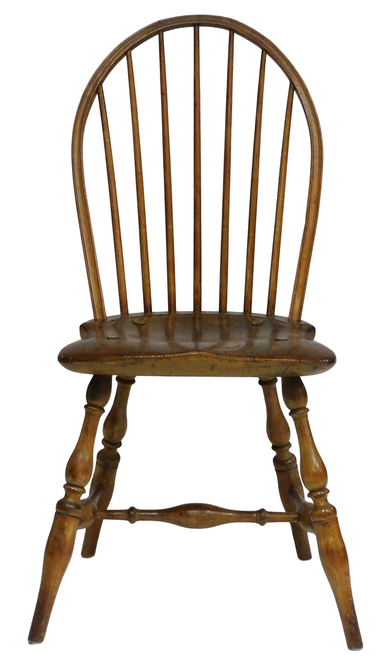 Windsor bow-back side chair, Rhode Island, 19th C., pine, maple, ash/hickory, seven spindle, shaped (1 of 3)
