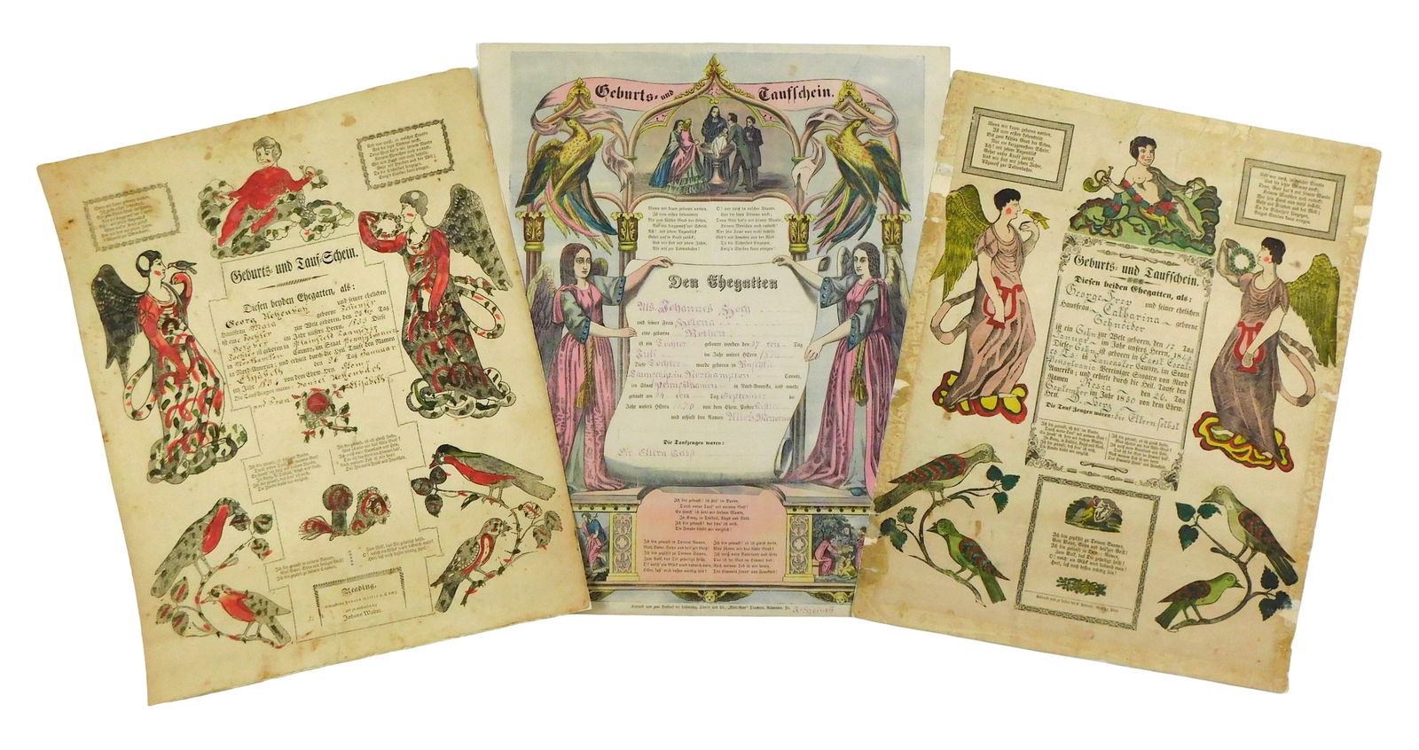 Three Pennsylvanian German hand-colored Fraktur birth and baptismal certificates, 1830s-1870s, also (1 of 4)